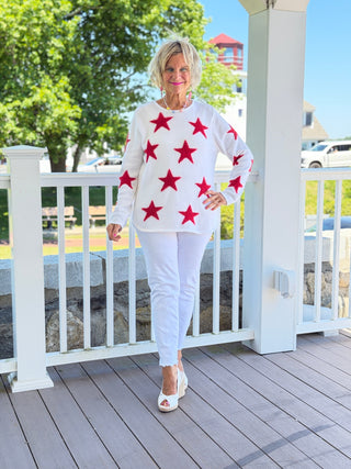 LULU B DOCKSIDE WHITE RED STAR FUZZY SWEATER LULU-B