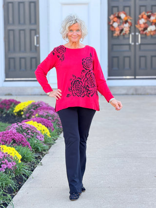 Women's Floral Placement Eyelash Sweater RED Cathys Place