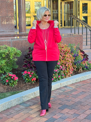Crystal Zipper Cardigan with Collar Red
