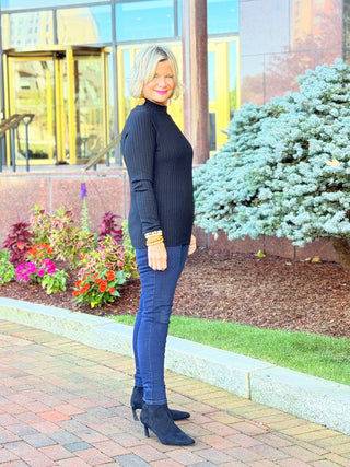 Basic Ribbed Knit Mock Neck Long Sleeve Sweater BLACK CHARLIE B