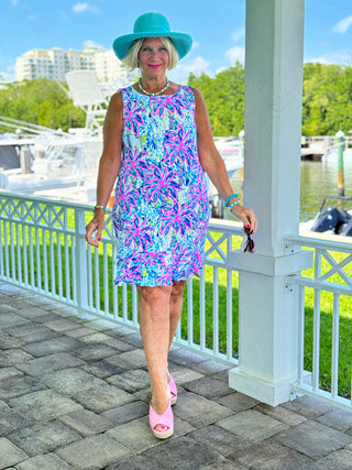 PINK PALM TREE  SHIFT RUFFLE DRESS