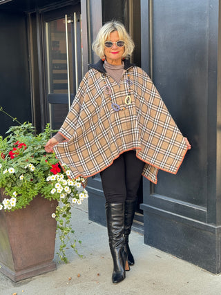 Flannel Plaid Zip Front Poncho BEIGE AND BLACK