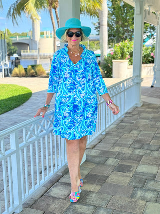 BLUE HEART DREAMING RUFFLE NECK DRESS