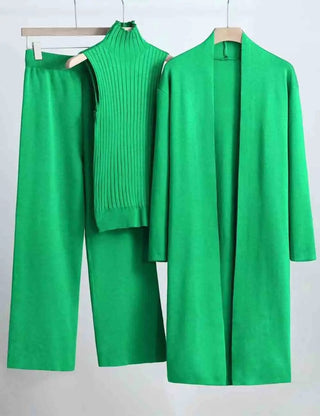 Ladies Solid Color Open Knit Cardigan & Pants 3PCS Set Sweetkama