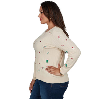 Women's Embroidered Christmas Motif Cable Sweater Cathys Place