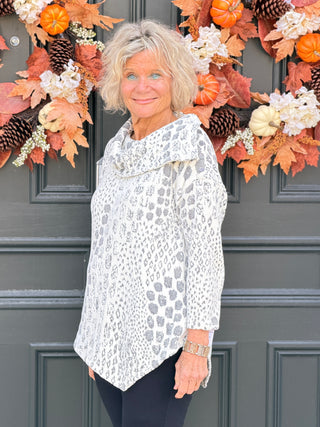 Women's Split Cowl Neck Animal Jacquard Chenille Top IVORY Cathys Place