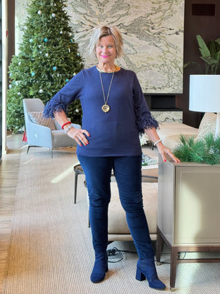 LULU-B NAVY CASHMERE SCOOP NECK FRINGE TOP