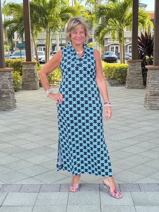 BLUE MEDALLION RUFFLE MAXI