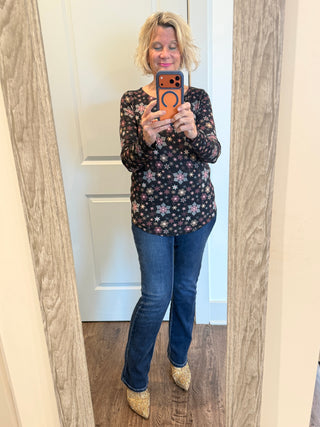 SNOWFLAKE PRINT LONG SLEEVE BOAT NECK TOP Cathys Place