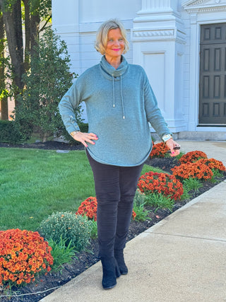 Women's Cowl Neck Cozy Hatchi Drawstring Top FOREST