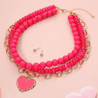 Enamel Heart Pendant Accent Chunky Beaded Layered Statement Necklace Sensibling Corp.