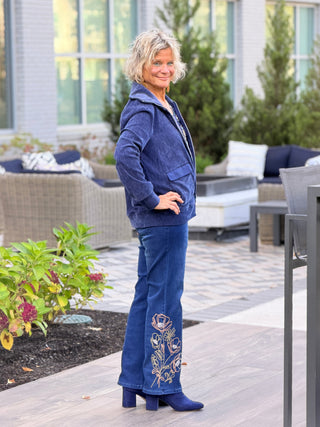 Women's Portrait Collar Velveteen Zip Front Jacket NAVY Cathys Place