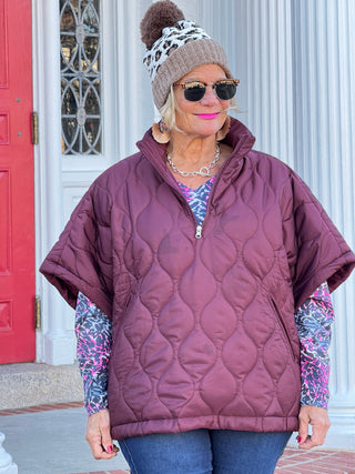 Quilted Short Sleeves Puffer Pullover Poncho Burgundy Cathys Place