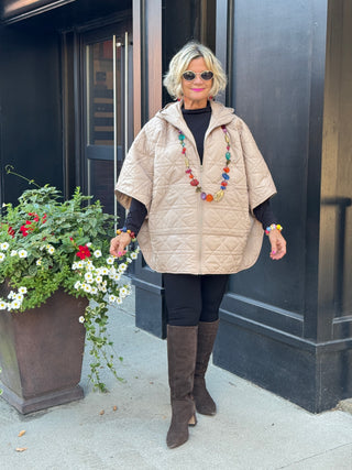 Oversize Quilted Puffer Hood Cape Poncho BEIGE