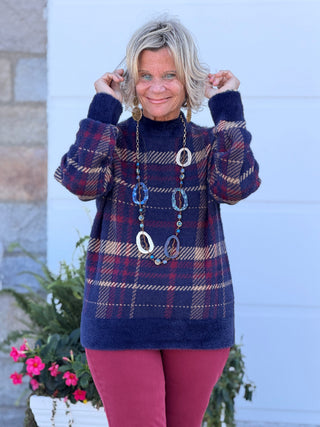 Plaid Eyelash Mock Neck Sweater CHARLIE B