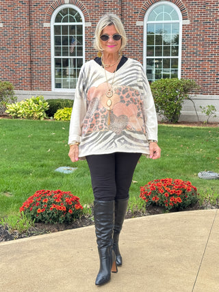 HEARTS & ANIMAL PRINT V-NECK SWEATER