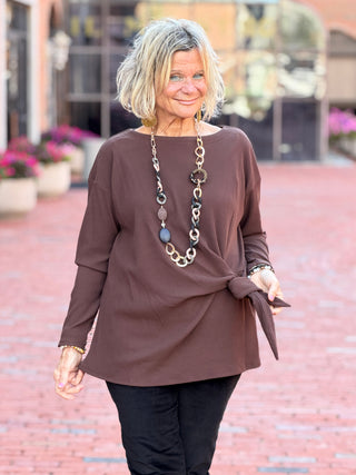 Women's Rib Knit Boat Neck Side Tie Top WALNUT Cathys Place