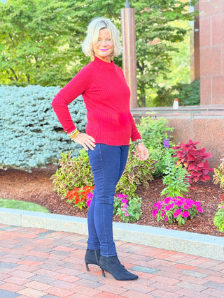 Ribbed Knit Mock Neck Sweater RED CHARLIE B