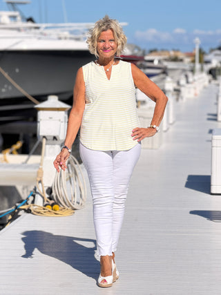 NAUTICAL YELLOW STRIPE SLEEVELESS NOTCH TOP LULU-B