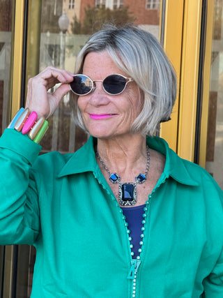 Crystal Zipper Cardigan with Collar Kelly Green