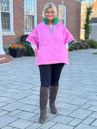 Quilted Short Sleeves Puffer Pullover Poncho Pink