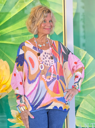 Multicolor Abstract  Round Knit Printed Sweater Cathys Place