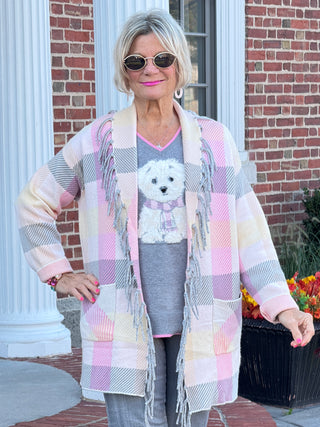Women's Luxe Plaid Fringed Sweater Cardigan