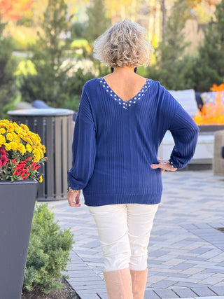 Spring Polka Dot Trimmed V Neck Bow Tie Textured Ribbed Top Cathys Place