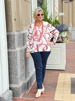 One Size Beige Heart Printed Knitted Sweater