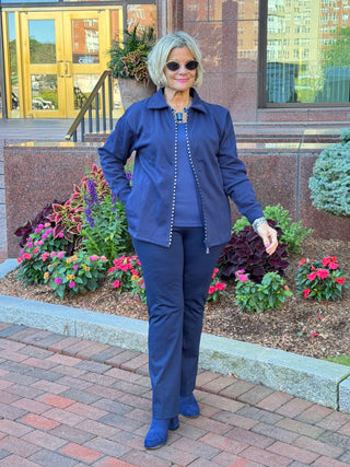 Crystal Zipper Cardigan with Collar Navy