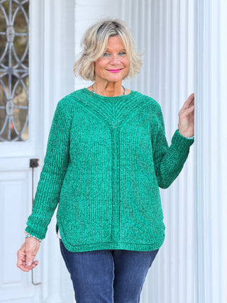 Women's Luster Chenille V-Neck Cable Sweater EMERALD Cathys Place