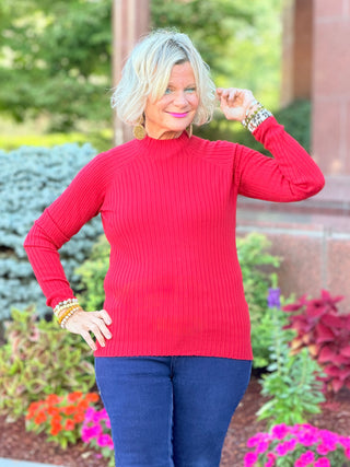 Ribbed Knit Mock Neck Sweater RED CHARLIE B
