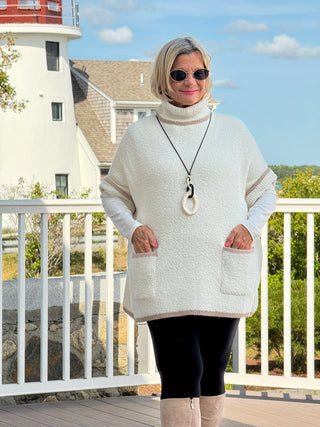 Colored Edge Solid Sleeveless Pocket Sweater Cream