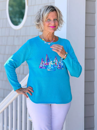 BEACH CLUB AQUA SAILBOAT SWEATER LULU-B