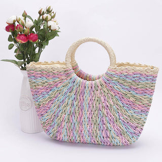 Faux Straw Multi Color Round Handle Tote Bag 3AM BY H&D ACCESSORIES