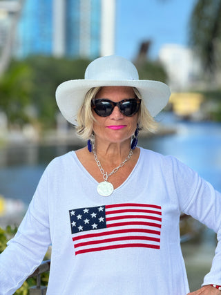 WHITE V NECK FLAG SWEATER