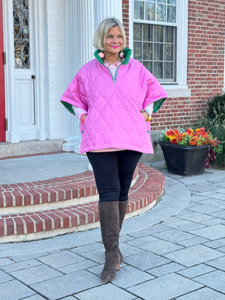 Quilted Short Sleeves Puffer Pullover Poncho Pink
