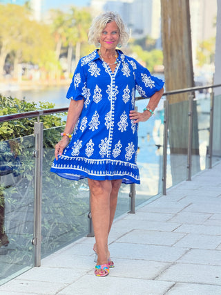 Geometric Collar Button Front Short Puff Sleeve Mini Dress 1 the Woman