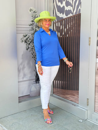 LULU-B SOLID BLUE COLLAR SLEEVE TOP