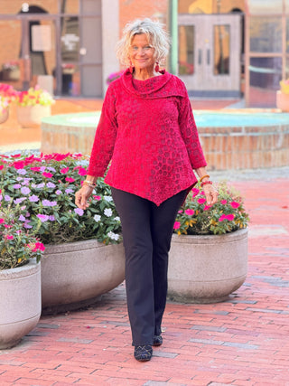 Women's Split Cowl Neck Animal Jacquard Chenille Top RUBY Cathys Place