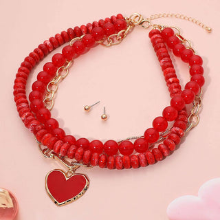 Enamel Heart Pendant Accent Chunky Beaded Layered Statement Necklace Sensibling Corp.