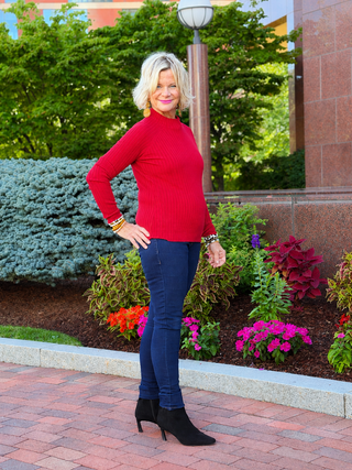 Ribbed Knit Mock Neck Sweater RED CHARLIE B