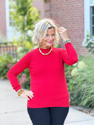 Ribbed Knit Mock Neck Sweater RED CHARLIE B