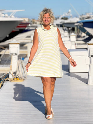 NAUTICAL YELLOW STRIPED SLEEVELESS RUFFLE DRESS LULU-B