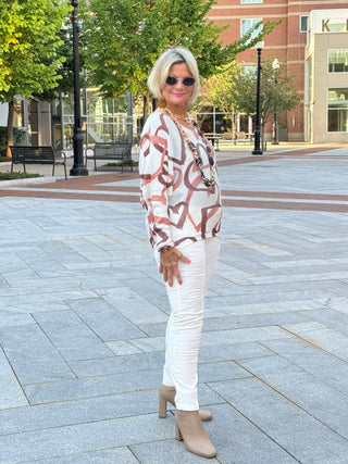 One Size Beige Heart Printed Knitted Sweater