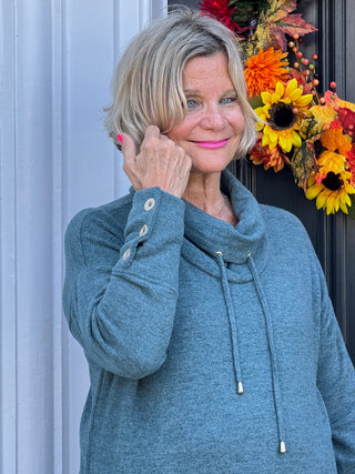 Women's Cowl Neck Cozy Hatchi Drawstring Top FOREST