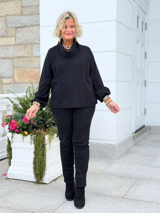 Women's Bubble Sleeve Cowl Neck Rib Knit Top BLACK Cathys Place