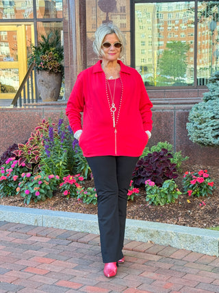 Crystal Zipper Cardigan with Collar Red