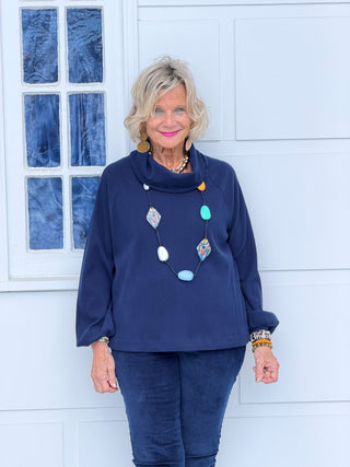 Women's Bubble Sleeve Cowl Neck Rib Knit Top NAVY Cathys Place