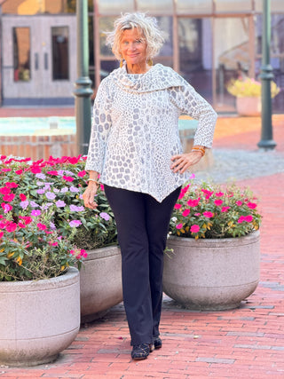 Women's Split Cowl Neck Animal Jacquard Chenille Top IVORY Cathys Place